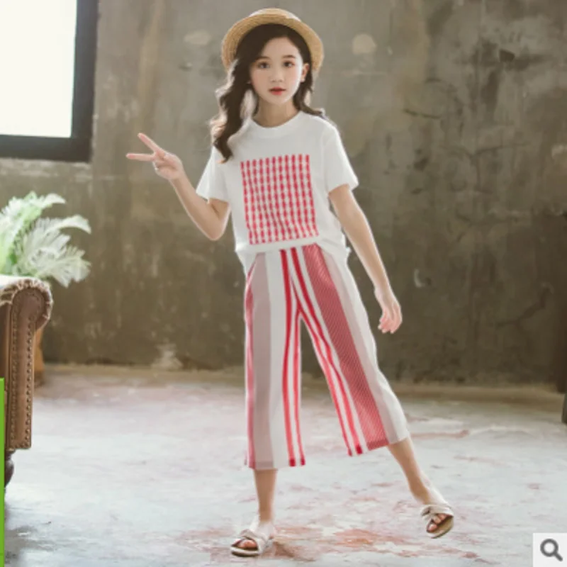 

Girls T Shirt Active Clothing Set 2021 New Summer Kids Leisure Clothes Sets Children's Sets 2 Plaid Stripe Colors Size4-14 ly342