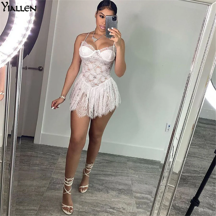 

Yiallen Summer Lace Hollow Out Mini Dress Sexy Halter Cleavage Vintage Sleeveless Camisole Bodycon Club Style Female Wear Hot