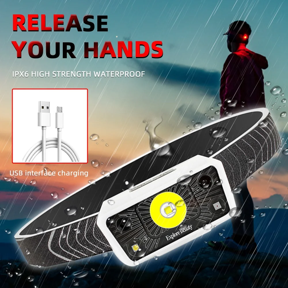 Фонарь налобный светодиодный водонепроницаемый с USB-зарядкой и 5 режимами работы