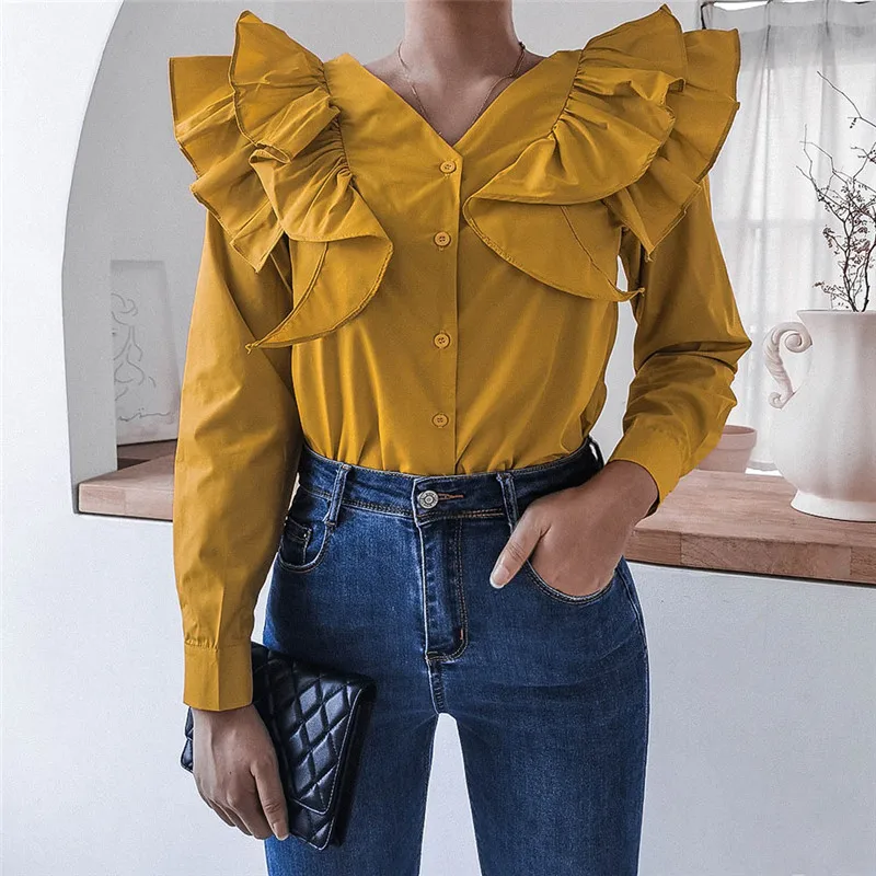 

2021 Elegant Office Lady Blouse Single Breasted Design Ruffle Trim V-neck Flared Long-sleeved Solid Color Cardigan T-shirt Slim
