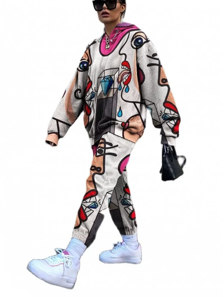 

Corduroy Two-Piece Women's Hooded Long-Sleeved Top And Harem Pants Matching Suit Fashion Digital Printing Casual Suit 2021 New