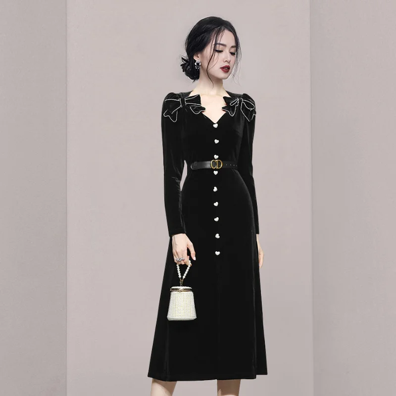

2021 New Women's Clothing Fashionable Elegant Black Bow Lace-up Waist-Controlled Slimming Velvet Long Sleeves Dress Jum