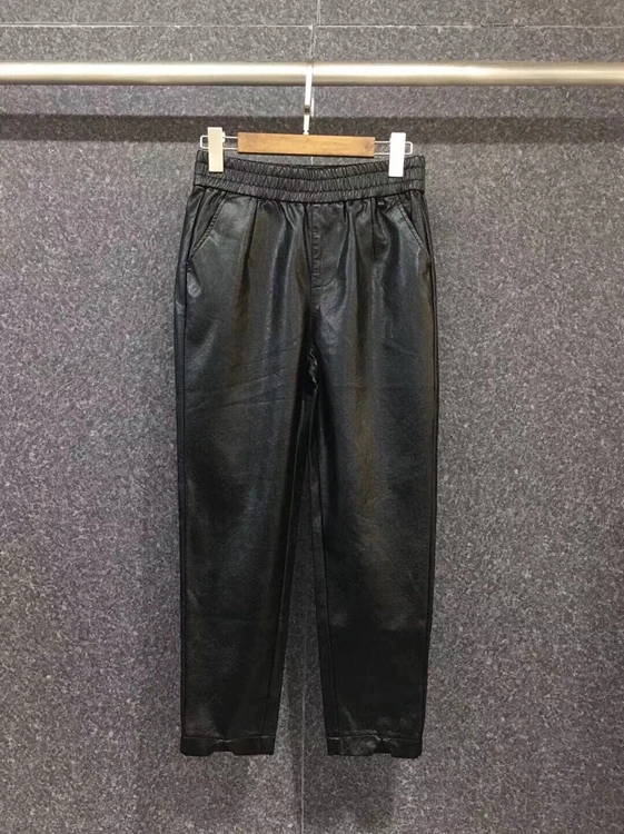 

2021 new women fashion elastic waist decoration solid color all-match leather trousers casual pants 1020