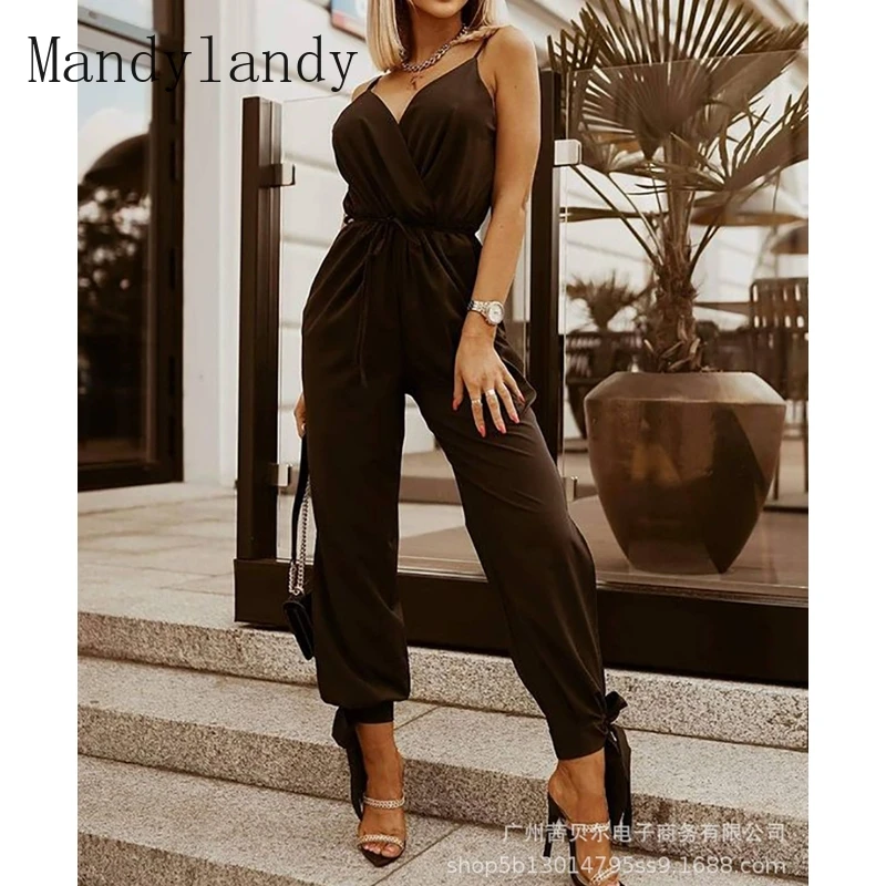 

Mandylandy Jumpsuits Summer V-neck Backless Solid Spaghetti Strap Jumpsuits Women's Slim Fit High Waist Slit Lace Up Jumpsuits