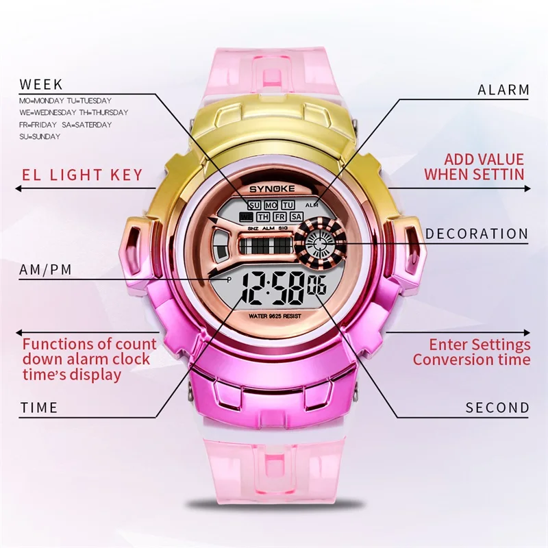 Женские цифровые часы с цветным градиентом SYNOKE водонепроницаемые светодиодные