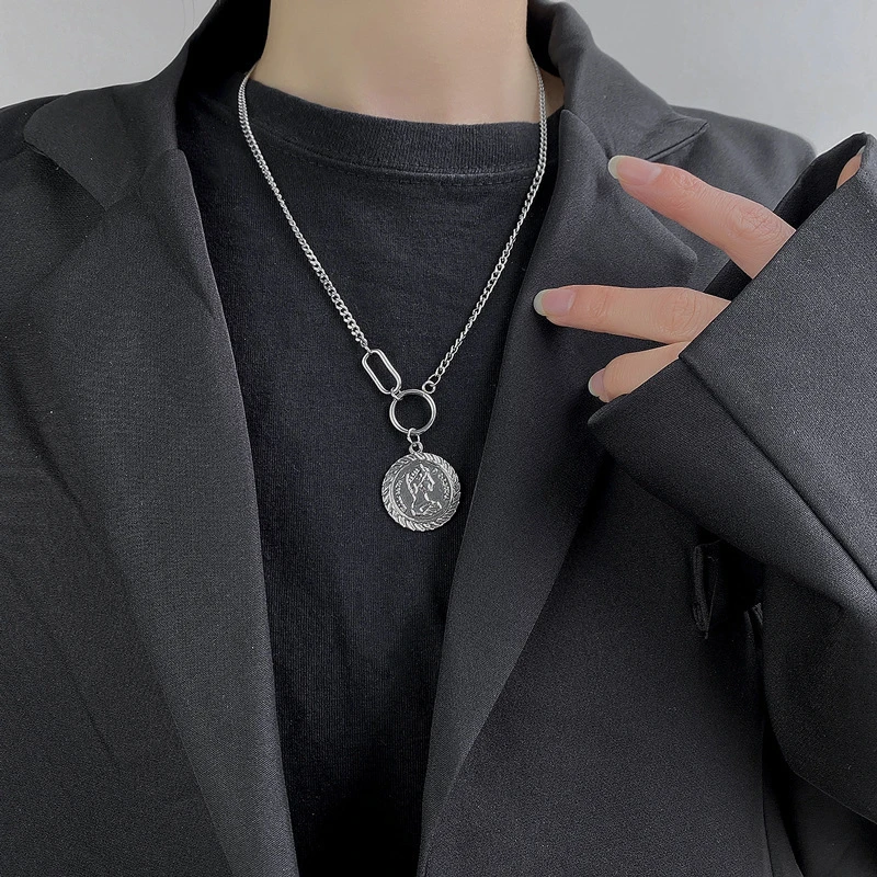 

POTCET Unisex Stainless Steel Portrait Coin Titanium Steel Necklace Pendant Sweater Chain Fashion Hip Hop Party Jewelry