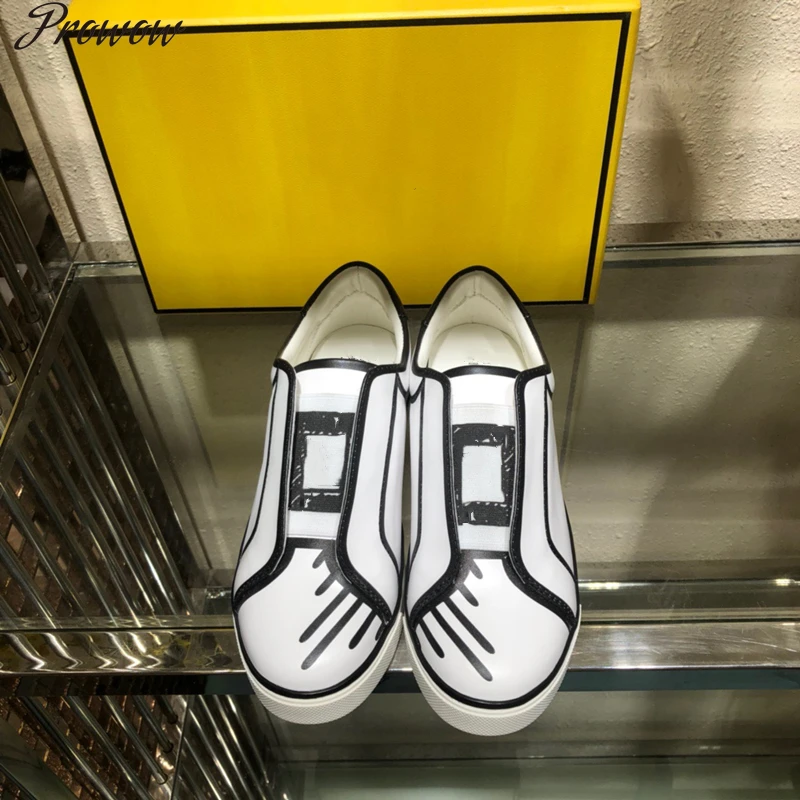 

Prowow Luxury Black White Graffiti Genuine Leather Flats Shoes Trendy Fashion Designer Slip on Round Toe Shoes Women Sneakers