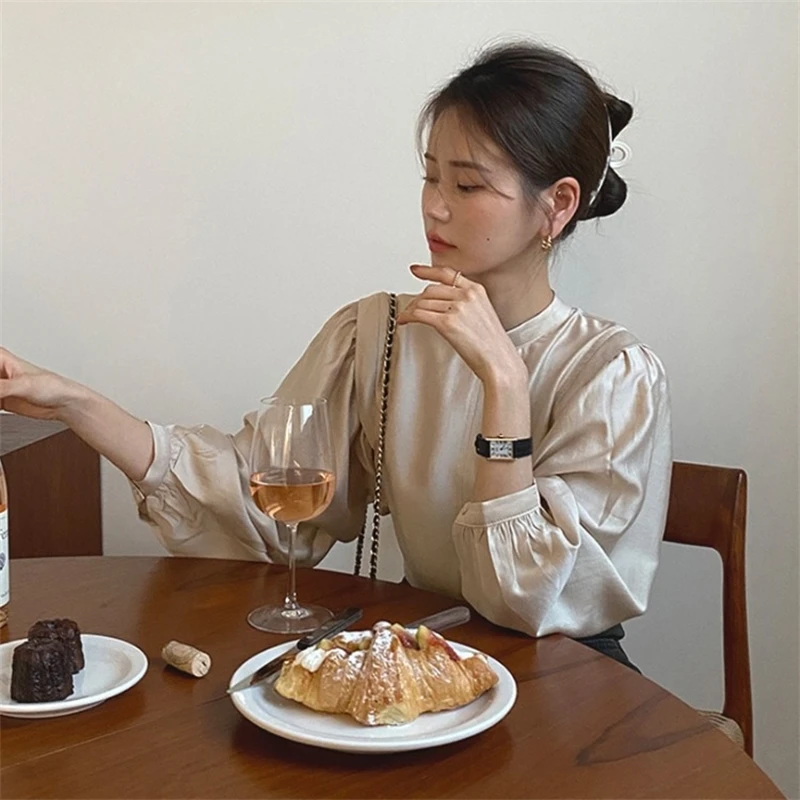 

Autumn Women Spring Lantern Sleeve Stand Collar Office Lady Work Blouse Solid Vintage Shirts