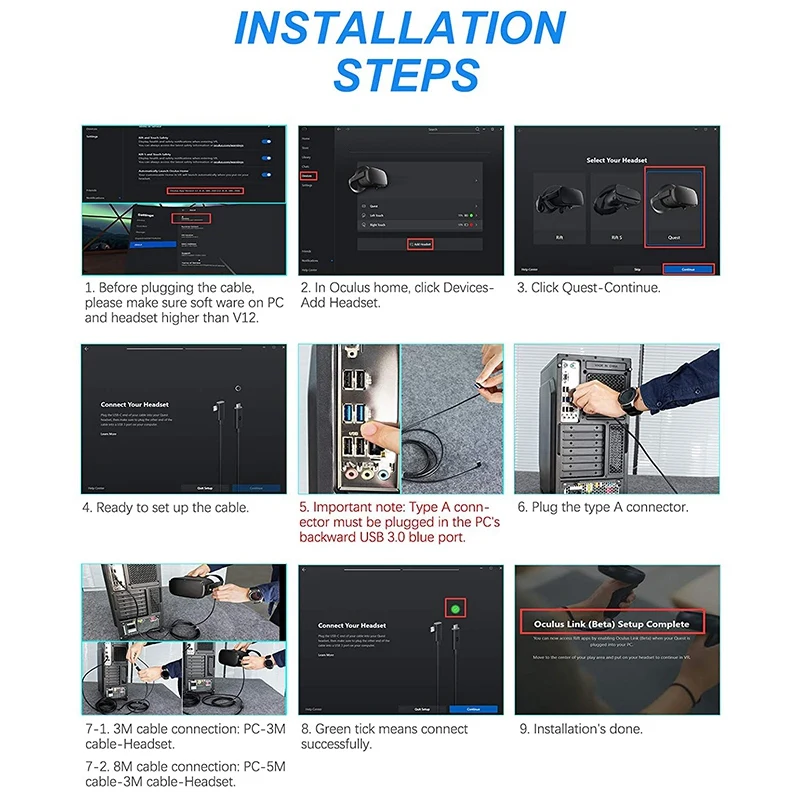 

New 1 Set Total 8M/26Ft USB Stable Data Cable Compatible for Oculus Quest Link Steam VR