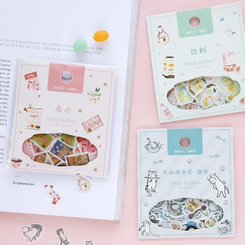 Cute Animal cat Eating and Drinking Series Bullet Journal Decorative Stickers Scrapbooking Stick Label Diary Stationery Album | Канцтовары
