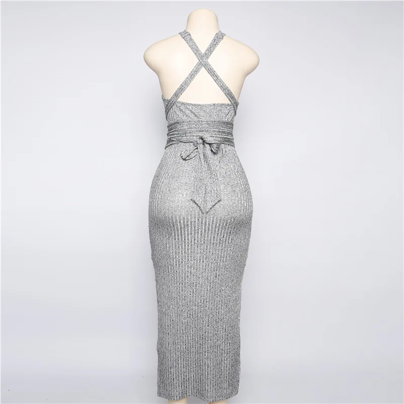 

BacklakeGirls Sexy Party Vestidos Bodycon Bandage Ribbing Midi Dress Elegant Simple Sleeveless Backless Female Knitting Dress