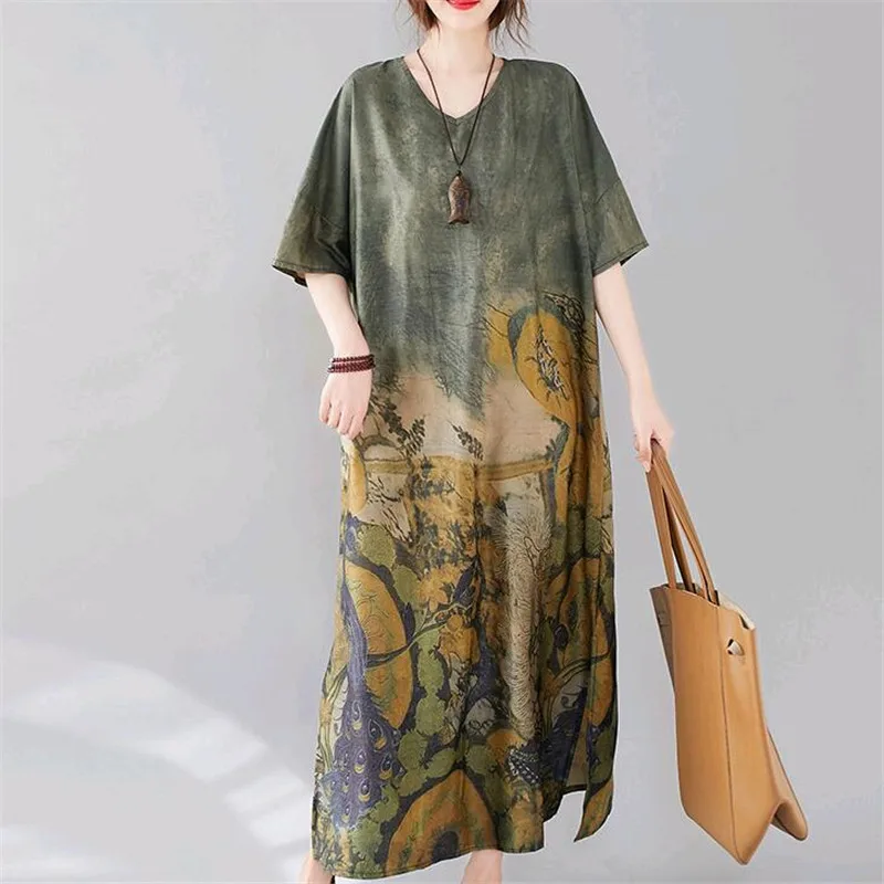 Размера плюс платье с принтом летняя повседневная обувь для женщин рукавом