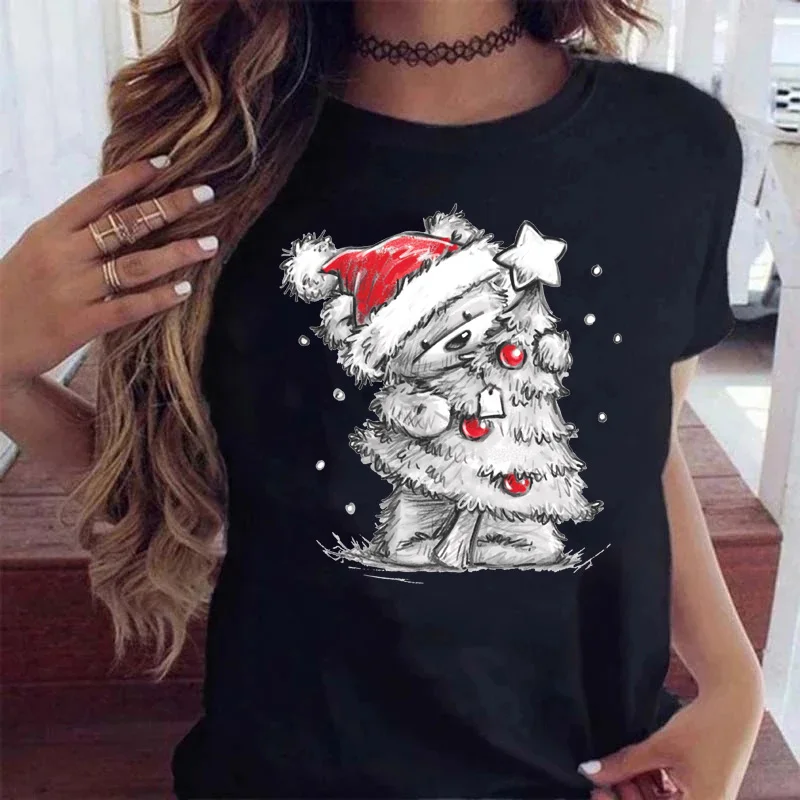 

New Lovely Bear TShirt Harajuku Women Fashion Christmas Printed Short Sleeve Black Suitable All Seasons Loose Round Neck Clothes