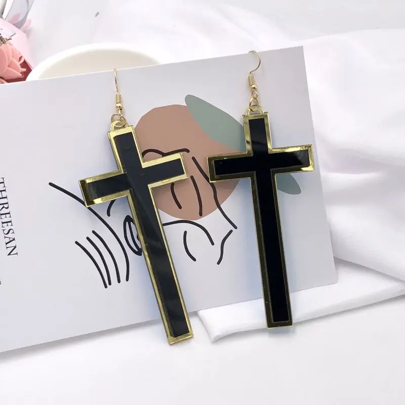 Панк Модные Винтажные большие длинные черные акриловые серьги капли с крестиком