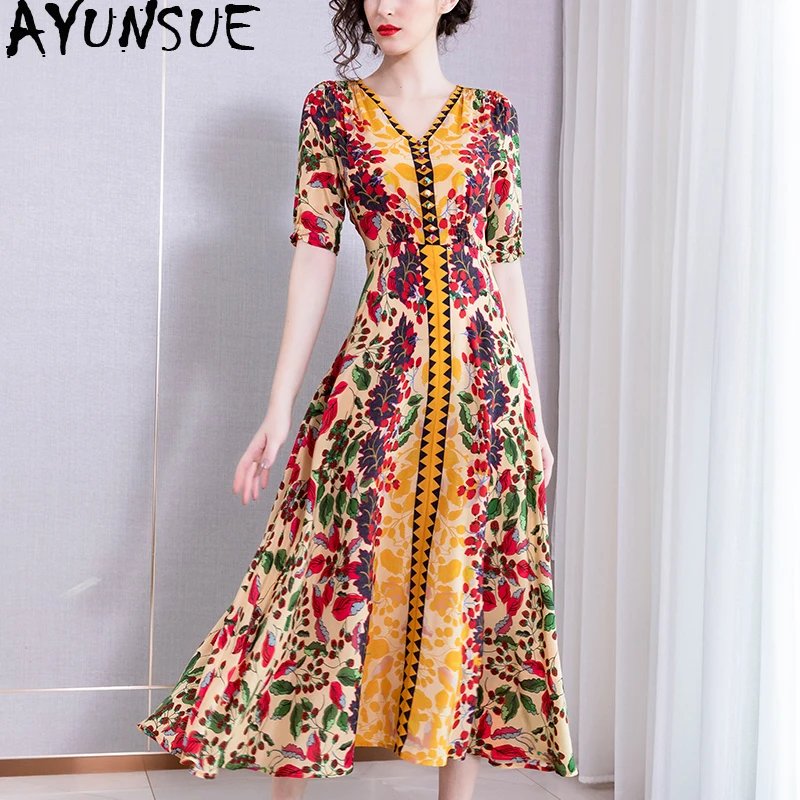 

100% Real Silk Summer Dress 2020 Vintage Elegant Maxi Floral Dress Women Clothes Ladies Dresses Party Korean Dress vestidos MY