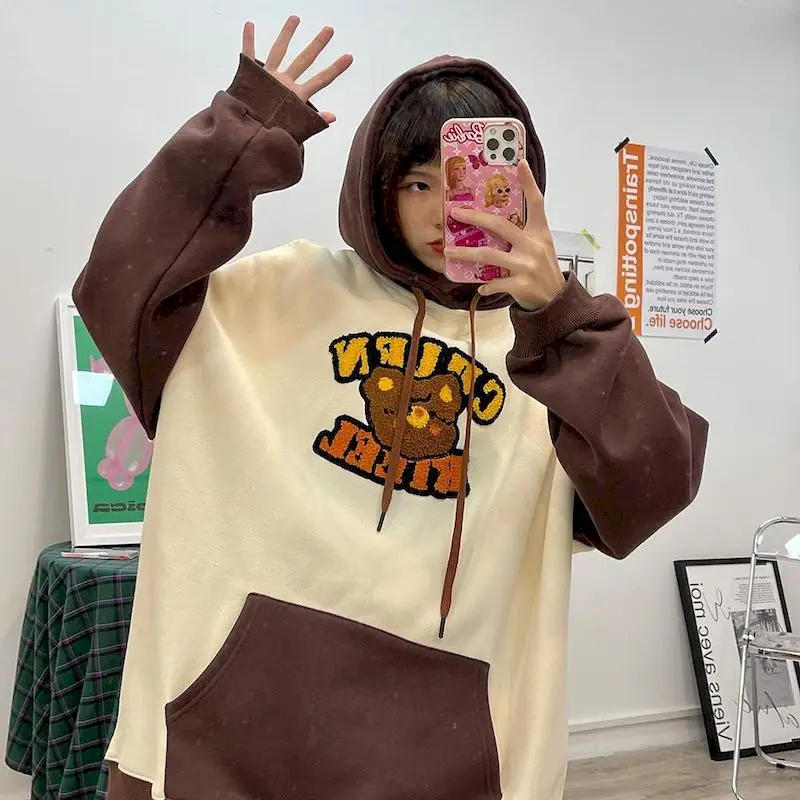 

Autumn and Winter Women's Sweatshirt Hoodie Oversized Kawaii Bear Stitch Hooded Loose American Casual Student Female Hoody
