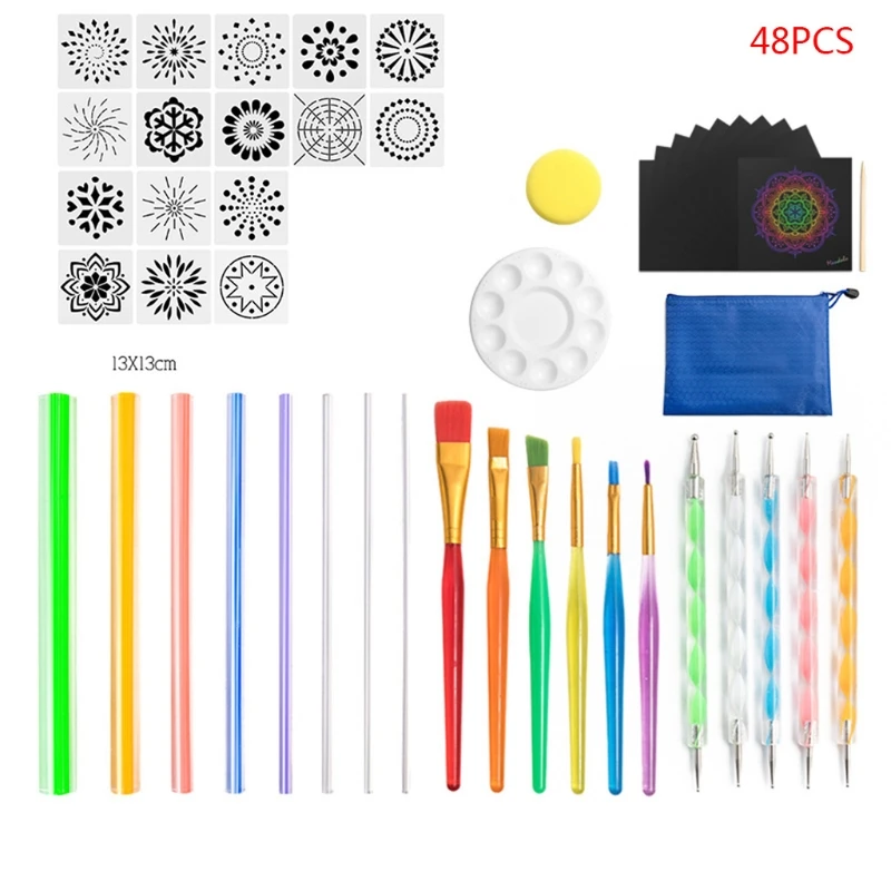 

48pcs Mandala Dotted Tool Set for Painting Rock Stones Stencil Brush Drawing Pen G8TA