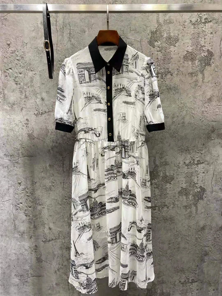 

Top Quality 100% Real Silk Dress Summer Shirt Dress Runway Fashion City Paris Print Elegant Office Ladies Midi Dress