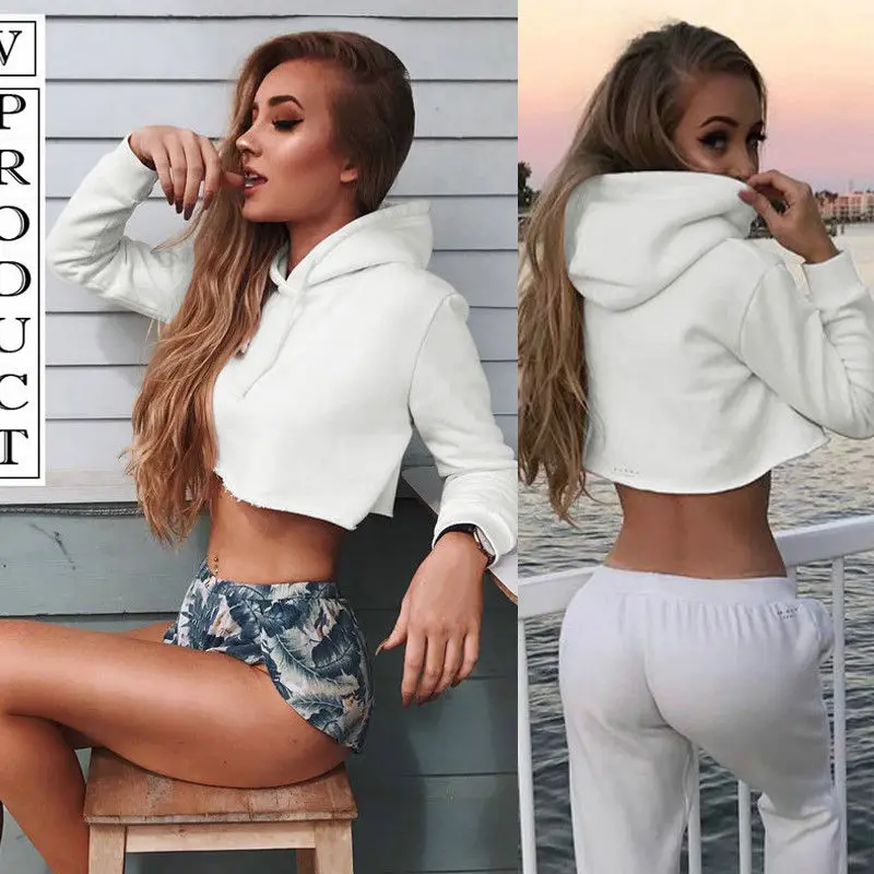 Women Sexy Causal Long Sleeve Hoodie Loose Pullover Sweatshirt Workout Crop Tops Women Hoodie