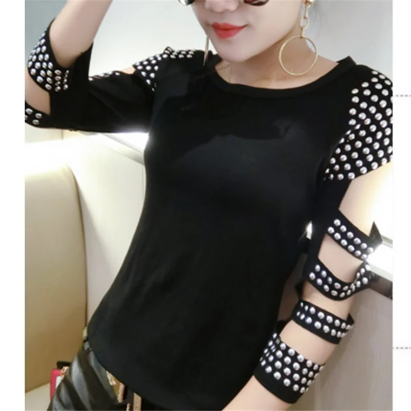 Женская футболка Стразы сексуальные летние топы с вырезами женские футболки
