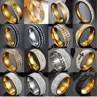 1235 rows lines clear black crystal rings for women men rhinestone stainless steel band eternity ring wedding jewelry party