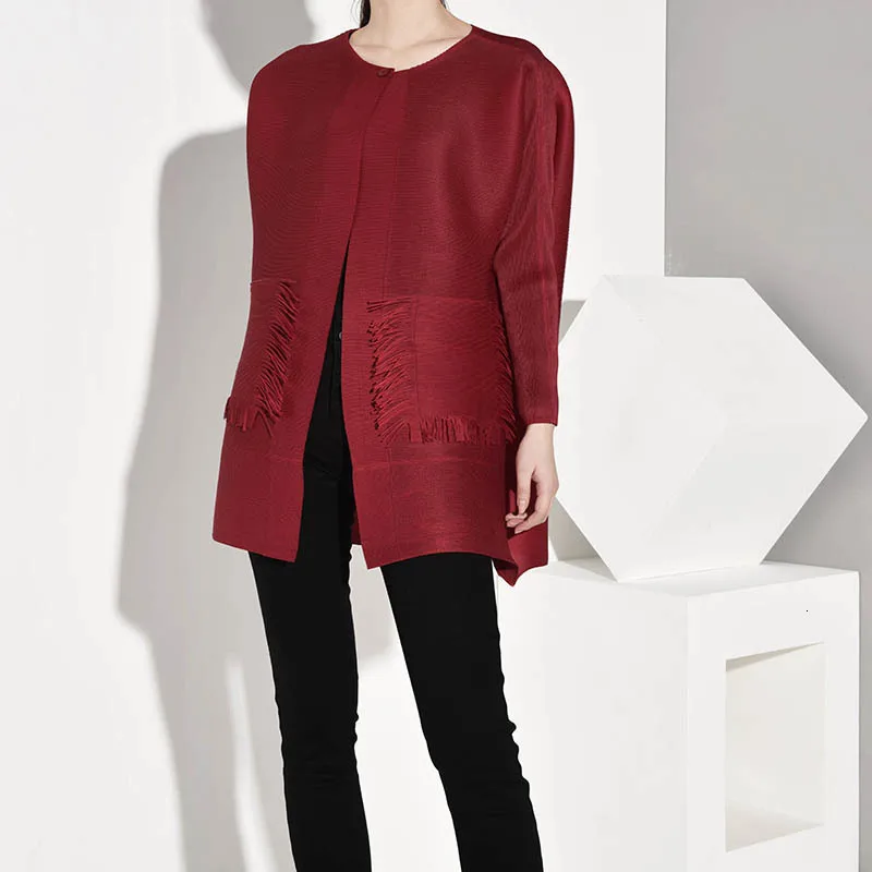 

LANMREM 2021 New autumn Fashion Women Clothes Full Sleeves Pleated Red Pink Color Open Stitch Cardigan Coat Female Casual WH708