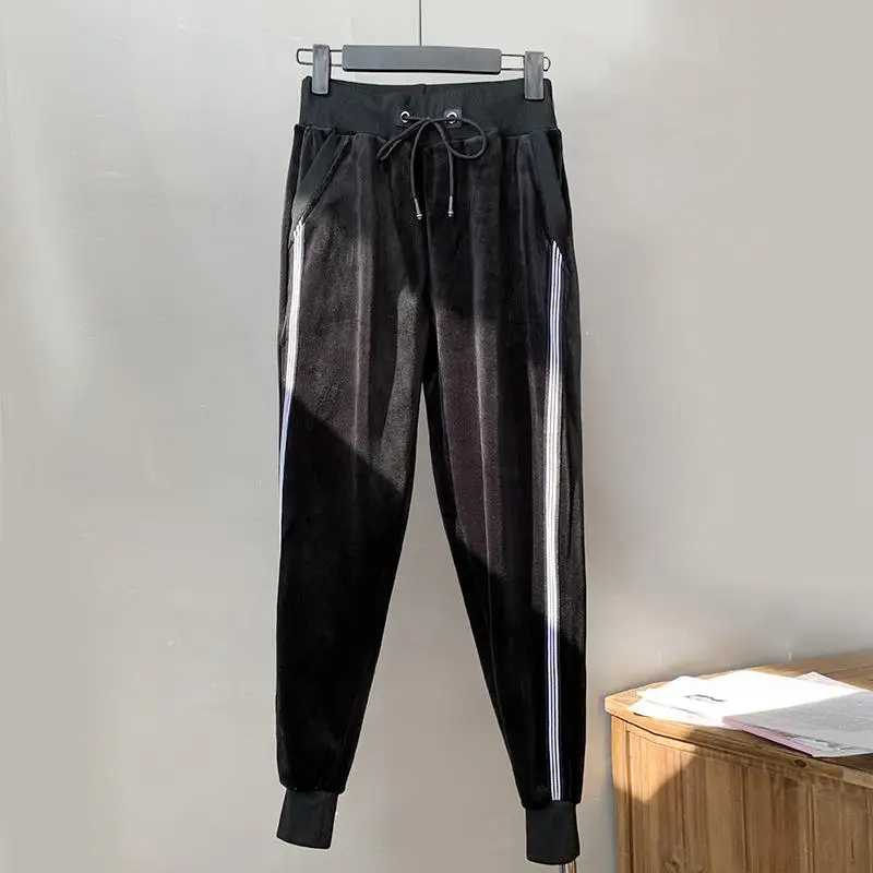 2xl зимние утолщенные спортивные штаны, женские бархатные брюки, женские черные шаровары больших размеров, женские Лоскутные штаны на шнуровке - Цвет: White Striped