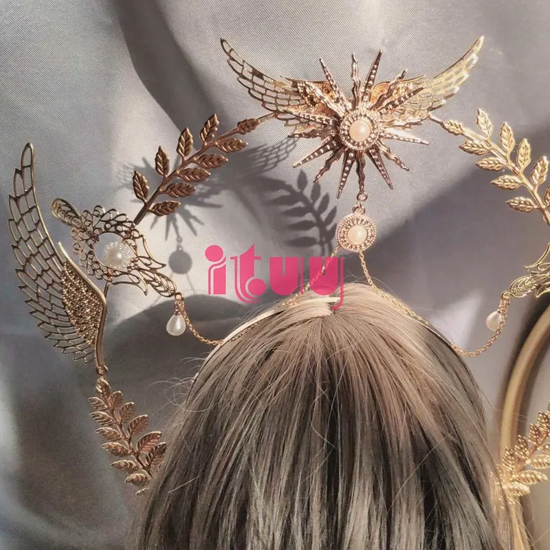 Лолита Крылья Ангела золотые солнцезащитные листья шипы Sunburst Halo Корона головной