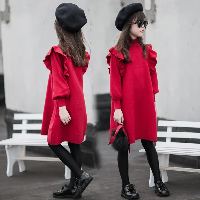 Платье для девочки Корейский осень зима подростковый красный костюм принцессы