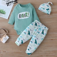autumn and winter bag fart climbing suit dinosaur print long sleeved baby romper baby one piece hat three piece suit