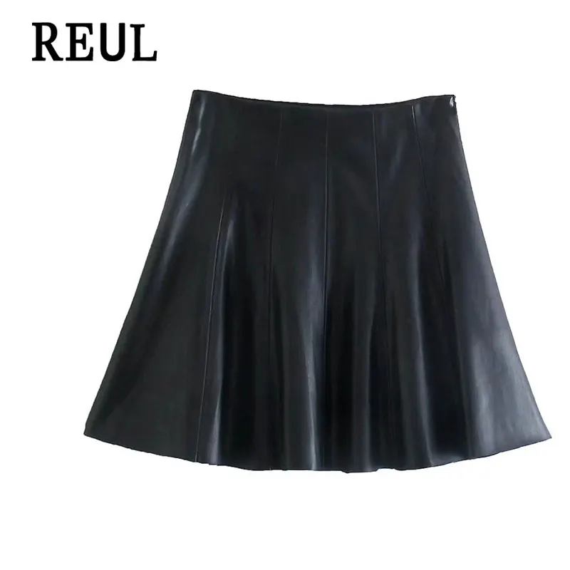 

Women 2021 Fall Fashion REUL Skirt Black Faux Leather Vintage Casual High Waist Side Zipper Female Mini Skirts Mujer