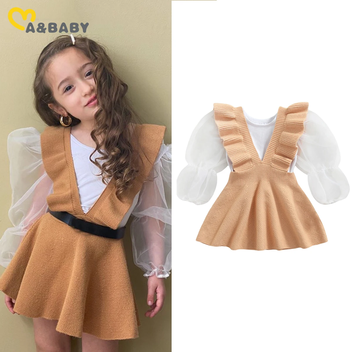 

Детский комплект одежды для девочек Ma & Baby, трикотажное платье с оборками и футболка с пышными рукавами, осенне-весенний костюм DD43, От 1 до 6 ле...