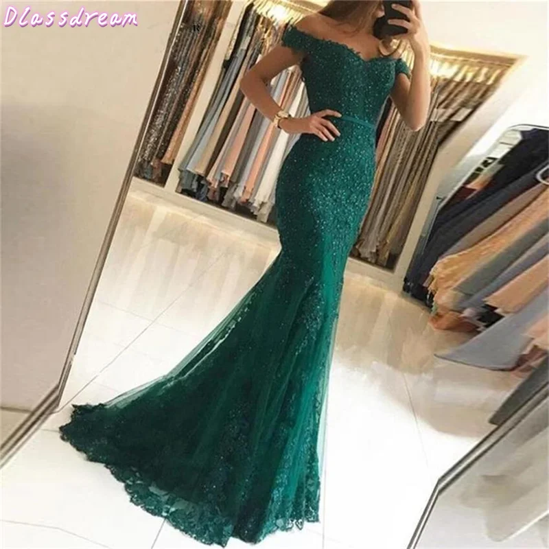 

Luxury Dark Green Prom Dress Off Shoulder Beading Sequins Satin Sexy Mermaid Sweep Train Button Evening Dress فساتين السهرة