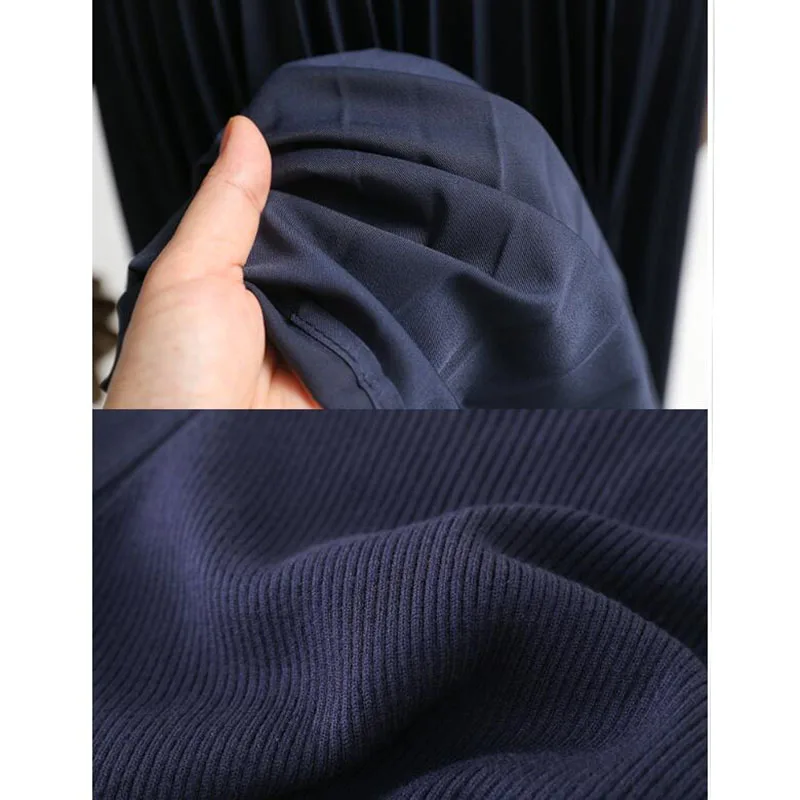 

2020 Autumn Winter Knitted Dress Women O-Neck Pleated Long sleeve Sweater Dress Elegant Knit Patchwork Midi Dress With Belt