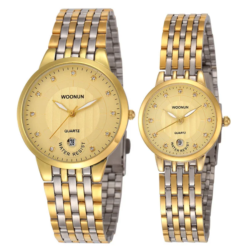 2017 брендовые Роскошные парные часы от ведущего бренда wounon для мужчин и женщин ультратонкие золотые кварцевые часы из нержавеющей стали модные часы для влюбленных