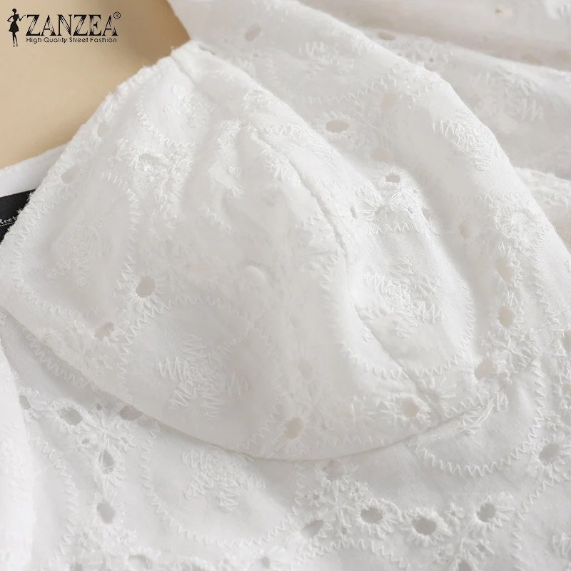 

ZANZEA 2021 Summer Solid Short Tunic Fashion Y2K Casual V Neck Blusa Lady Party Puff Sleeve Blouses Women Elegant Hollow Out Top
