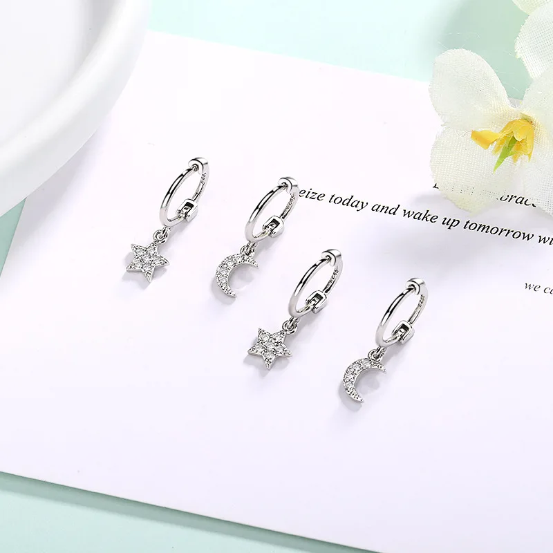 

925 Sterling Silver Crystal Star Moon cute Stud Earrings For Women Kids 2020 Wedding Jewelry boucle d'oreille Hypoallergenic