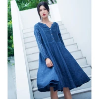 fashion v neck single breasted stitching loose hem dress 2020 spring clothing literary ladies cotton and linen dress