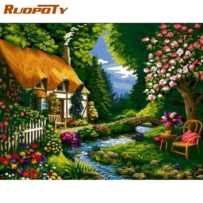 

RUOPOTY 60x75cm Frame DIY Painting By Numbers River Tree Landscape Acrylic Handpainted On Canvas Picture By Numbers For Diy Gift