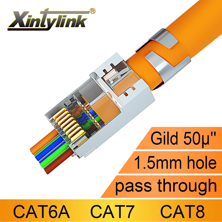 

xintylink CAT8 CAT7 CAT6A rj45 connector 50U ethernet cable plug network SFTP FTP STP shielded jack pass through 1.5mm hole