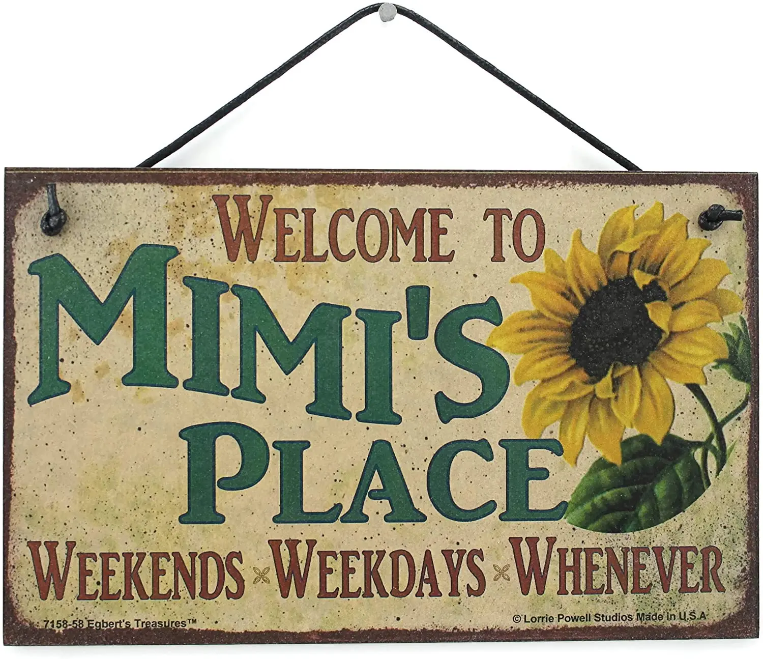 

Vintage Style Sign with Sunflower Saying Welcome To Mimi's Place Weekends Weekdays Whenever Decorative FunHousehold Signs 8X12