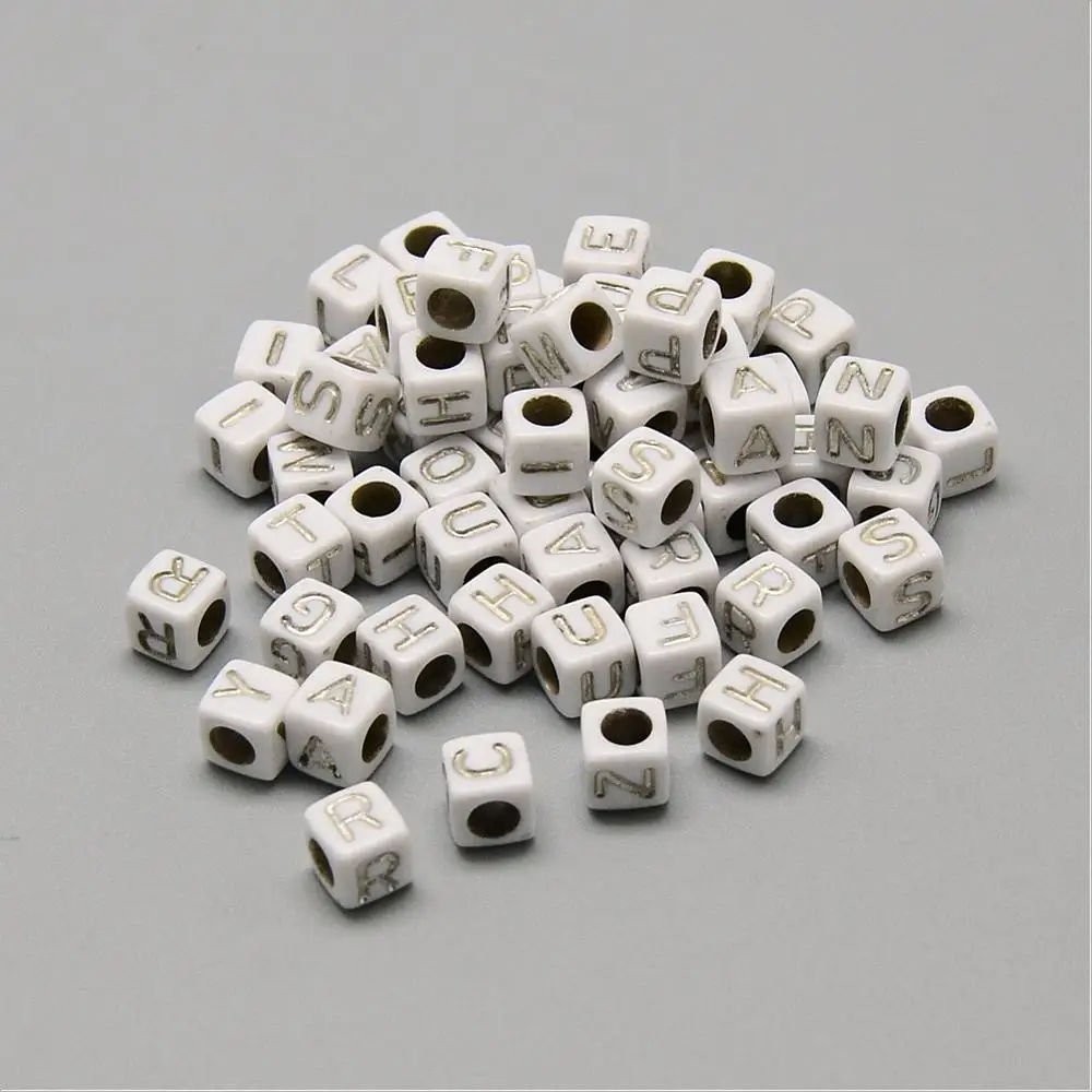 

500g Plating Acrylic Beads Silver Metal Enlaced Mixed Letters Cube Random Mixed Letters 5.5~6x5.5~6mm Hole: 3.5mm 3000PCS /500g
