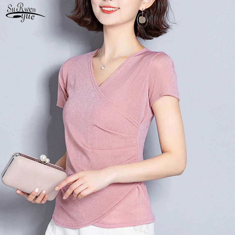 

Модная однотонная блузка с коротким рукавом женские летние блузки 2019 с v-образным вырезом офисные женские топы плюс размер блузка, рубашки ж...