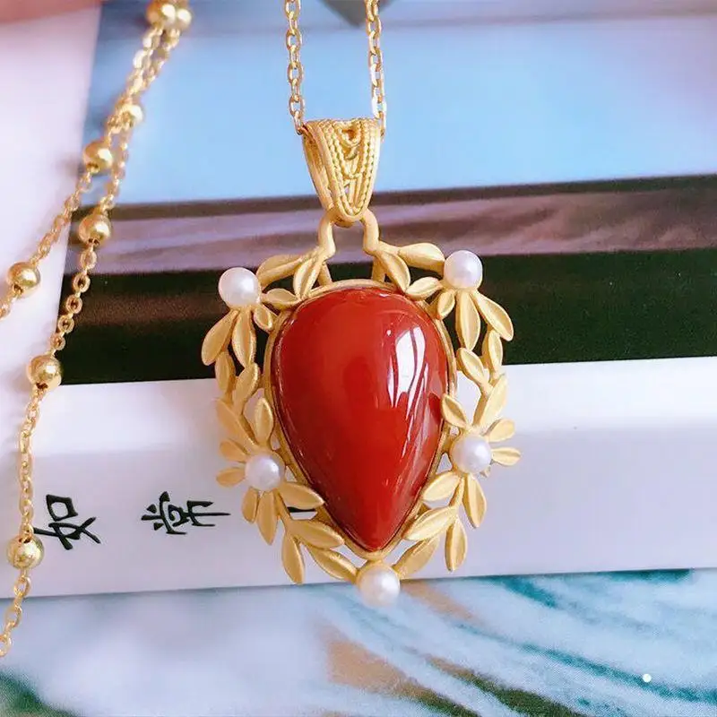 

Natural South Red Pendant Water Drop Pendant 925 Silver Gold Color Retention Luxury Edging