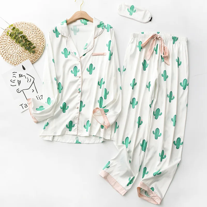 

Print Women Nightwear Satin Patchwork Color 2PCS Pajamas Suit Cute Long Sleeve Home Clothing Intimate Lingerie Casual Pyjamas
