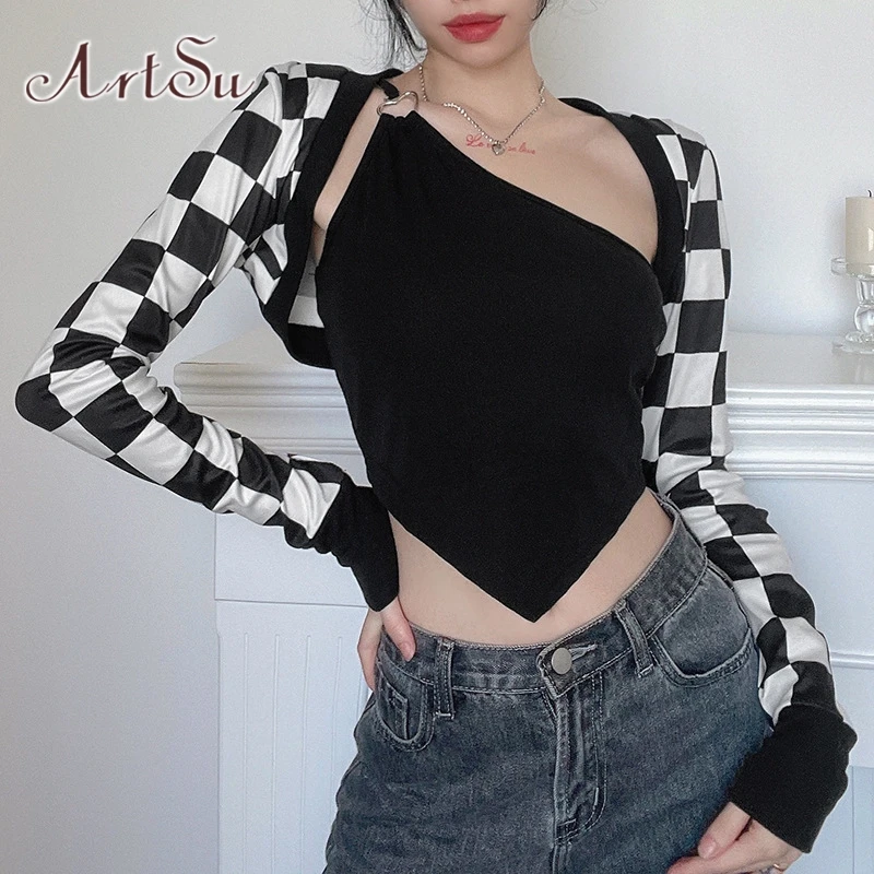 

ArtSu Sexy T-shirt Women Y2K Clothes Fashion Checkerboard Plaid 2 Pieces Streetwear Autumn Long Sleeve Top Vintage Black T-shirt