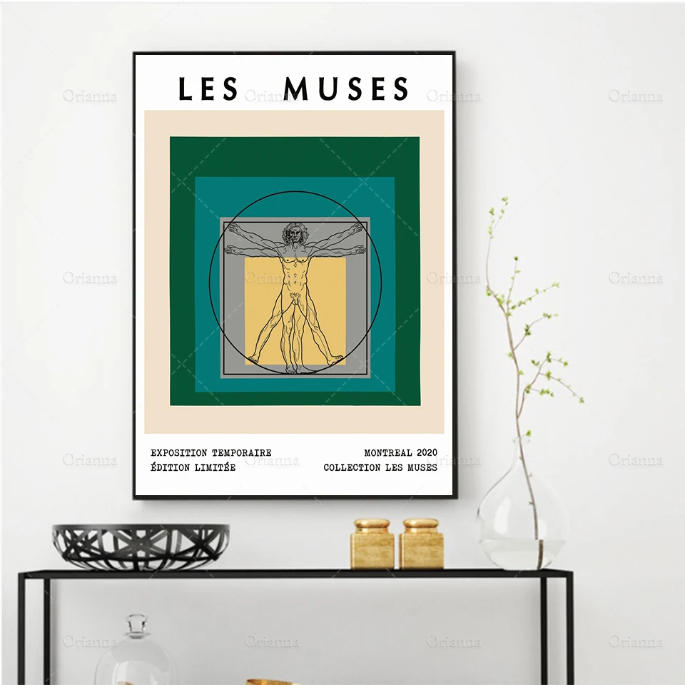 

Vitruvian Man Da Vinci statue art blue green abstract Artwork Museum Colour Block Print Wall Art Poster Print -Canvas Painting