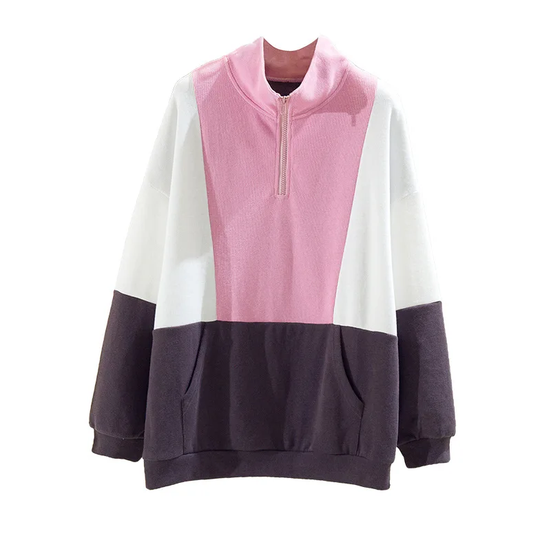 

2021 Spring Plus Size Women Sweatshirt Colors Patched Stand Collar Tops Zipper Decoration Pullover Girls Hoodies Dropshipping