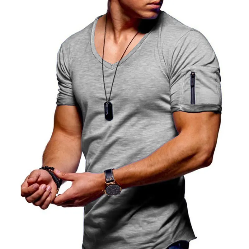 

2021 New European And American Fashion V-neck T-shirt Men's Arm Zipper Cotton Short-Sleeved Men's Casual Bottoming Shirt