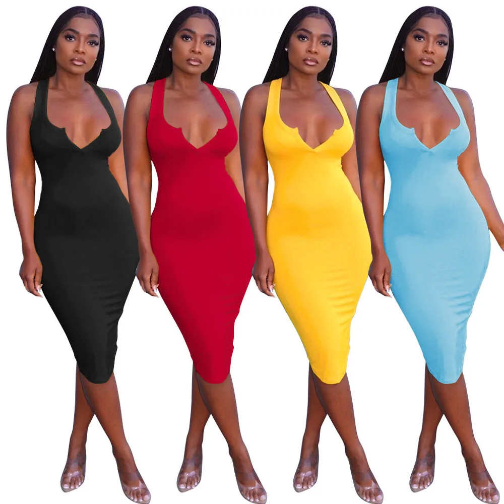 

Solid Sleeveless Deep V-neck Women Dress Fashion Elastic Hight Fitness Skinny Bodycon Dress Streetwear Ladies Partywear Outfit